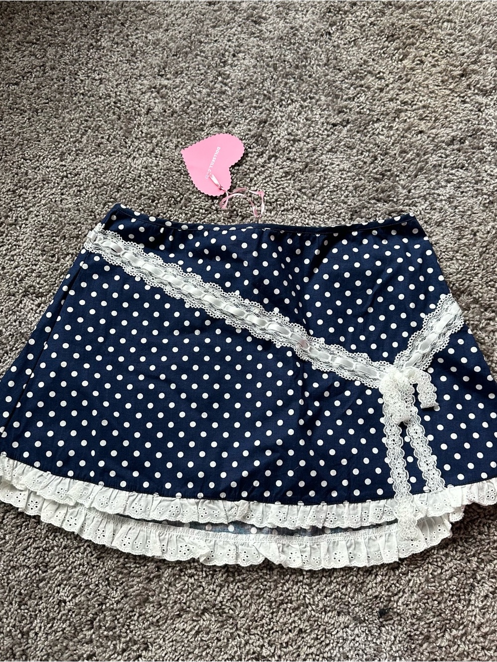 Sugar Thrillz Navy and White Polka Dot Lace-Trim Mini Skirt